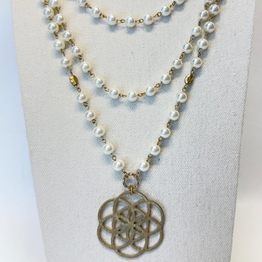 Medallion Pendant Necklace Imitation Pearl Multistrand Station Gold-Tone